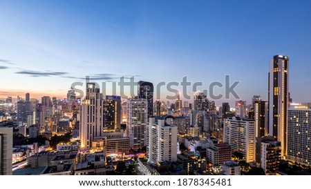Aerial skyline with apartment buildings and skyscrapers of Bangkok.