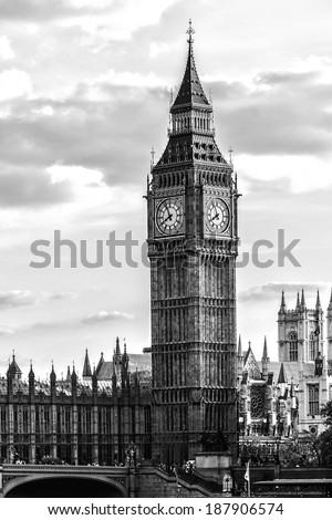 Palace of Westminster. Westminster (known as Houses of Parliament) located on Middlesex bank of River Thames in City of Westminster, London. Black and white, HDR.