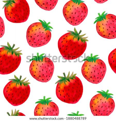 Seamless pattern with strawberry and leaves on blue, white background, watercolor