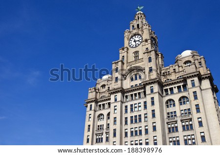 The historic Royal Liver Building in Liverpool, England.