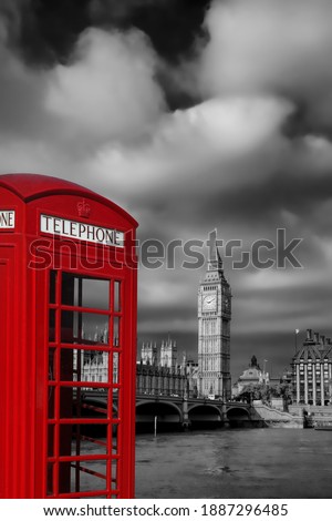 London symbols with BIG BEN and Red Phone Booth in England, UK