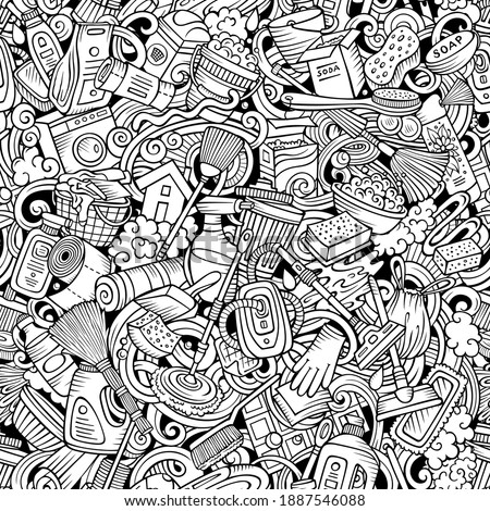 Cartoon cute doodles hand drawn Cleaning seamless pattern. Line art detailed, with lots of objects background. Endless funny raster illustration. All objects separate.