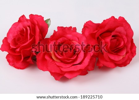 Artificial red roses on white background