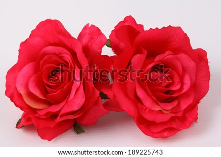 Artificial red roses on white background