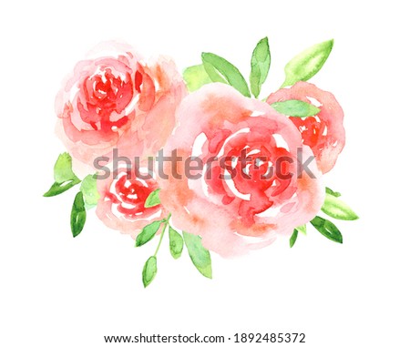 Delicate watercolor red and pink floral roses with bright green leaves bouquet. Colorful painting flowers composition for invitation, wedding or greeting cards design, sticker, banner decor