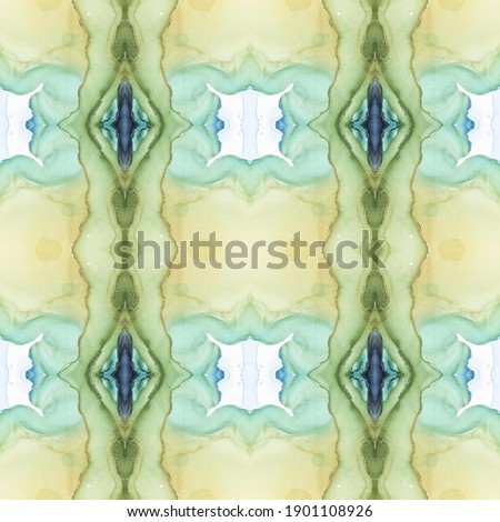 Ethnic Pattern.  Watercolor Painting. Sky Tribal Shape. Xanthous Tile. Ethnic Pattern.  Endless Painted Painting. Ornate Sea Decor. Blue