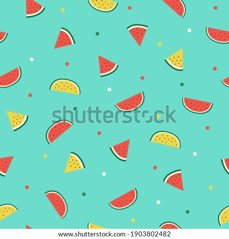 Watermelon slice seamless pattern on green background.