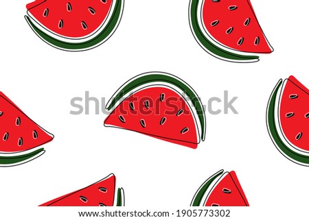 Seamless pattern with juicy watermelon slices on white background. Repeat pattern with pieces of watermelon .Vector stock illustration.
