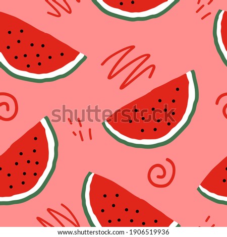 watermelon slices and doodles vector seamless pattern. hand drawn. illustration for wallpaper, wrapping paper, textile, background. red juicy summer fruit