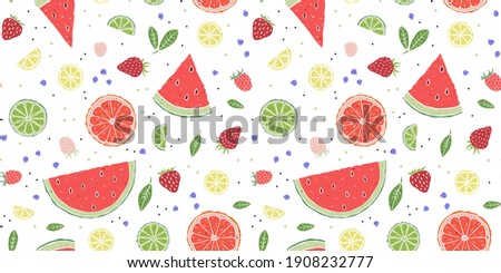 Colored seamless pattern from various berries and fruits. Watermelon, citrus, raspberry, strawberry, blueberry isolated on a white background. Fresh look. Cute simple style.