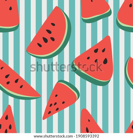 Pattern of sweet juicy pieces watermelon, watermelon slices with seed Vector background.  Modern trendy repeat pattern with watermelon