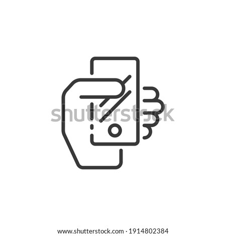 Smartphone in a hand thin line icon. Mobile payment technology. Outline commerce vector illustration