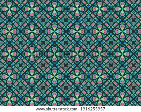 A hand drawing pattern made of yellow pink green blue blue on a dark background 