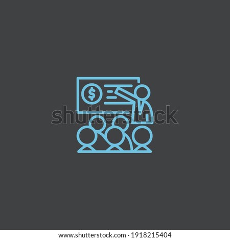 Presentation icon of a person with his team in blue on a black background. people, information, strategy, team, education, training, report, teamwork, blue color, planning, marketing