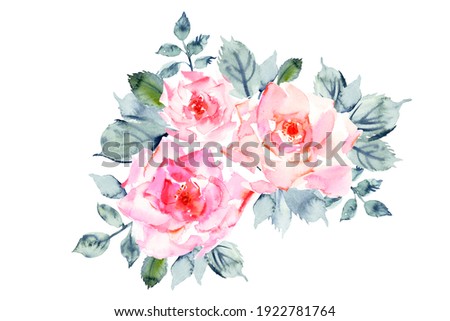 Hand drawn watercolor rose flowers in temder pink and red colors, green leaves and branches. Floral bouquet for stickers, scrapbook, greetimg cards, wedding decoration.