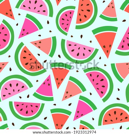 Vector seamless pattern from slices of watermelon. Delicious print, packaging, fabric, surface design. Composition of juicy fruits, banner, poster, postcard. Natural healthy product for healthy diet