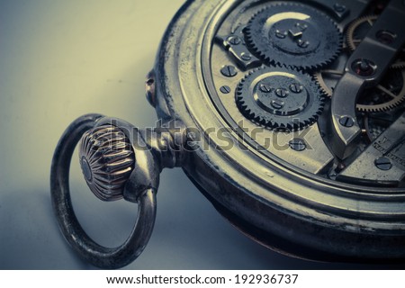 Closeup view of a silver pocket watch. Filtered image:cross processed vintage effect 