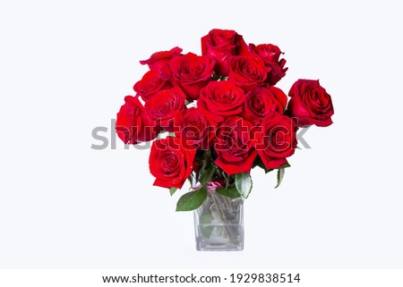 Bouquet of red (burgundy) roses on a white background. Place for text. Close-up.