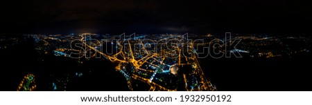 Yaroslavl, Russia. Historical city center. Volga river embankment Panoramic aerial view at night. Panorama 360