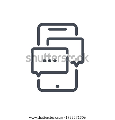 Mobile phone message communication line icon. Smartphone with chat boxes vector outline sign.