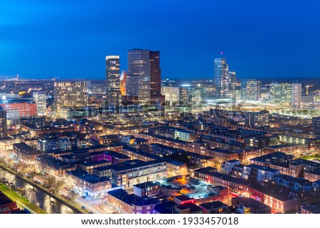 The Hague, Netherlands city centre skyline at twilight.