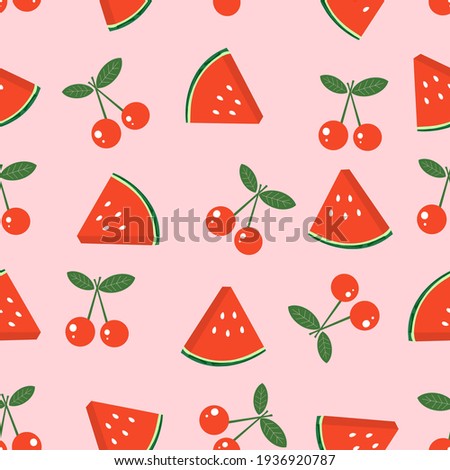 Seamless pattern with cherry fruit and watermelons on pink background vector illustration.