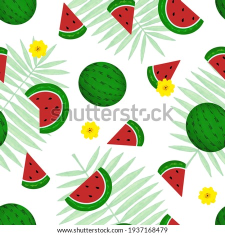 Watermelon, tropics pattern. Illustration for printing, backgrounds, wallpapers, covers, packaging, greeting cards, posters, stickers, textile and seasonal design. Isolated on white background.
