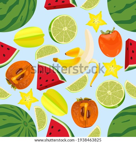 Fruit background. Crazy pattern depicting different fruits. Vector design for printing on napkins, wallpaper, postcards, fabrics, wrapping paper.