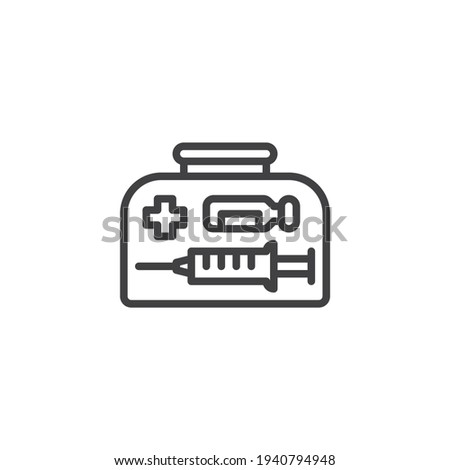 Covid-19 vaccination kit line icon. linear style sign for mobile concept and web design. Medical bag with vaccine injection outline vector icon. Symbol, logo illustration. Vector graphics