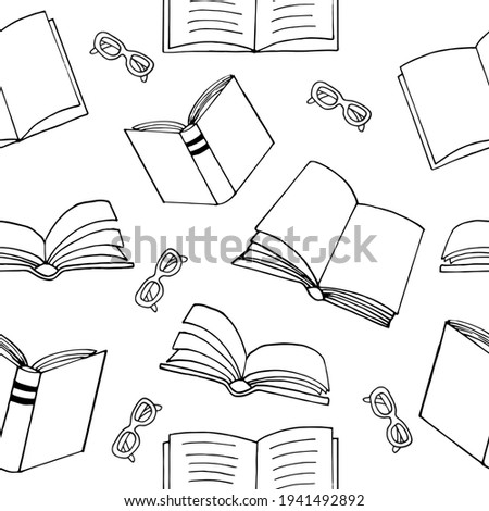 books and glasses seamless pattern. hand drawn doodle style. vector, minimalism, monochrome, sketch. wallpaper, textile, wrapping paper, background reading education bookstore science