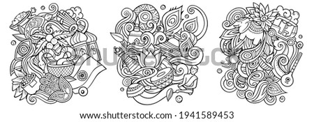 India cartoon vector doodle designs set. Line art detailed compositions with lot of Indian objects and symbols. Isolated on white illustrations
