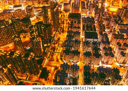 Stunning aerial view at night of golden like street in Hong Kong 