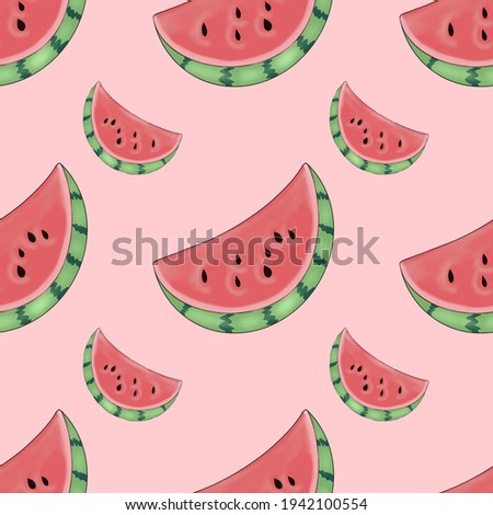 Summer seasons fruits watermelon slice on pink background healthy food pattern