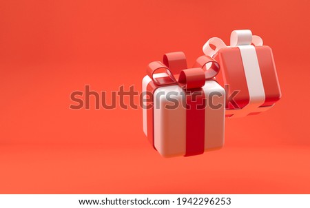 Falling gift box, cute rounded decorative festive gift boxes with white and red colors on the bright red background. Celebration royal premium realistic concept. 3d rendering