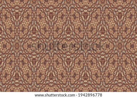 A kaleidoscope pattern formed by lines and spots of natural stone texture. Amazing natural patterns and textures of slice of brown and white minerals. The image with the mirror effect.