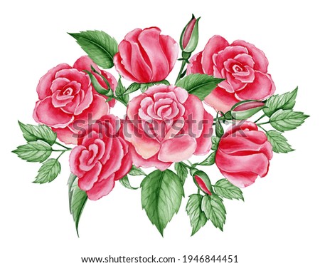 A bouquet of red roses, buds and leaves, on an isolated background. Watercolour clip art, hand-drawn, plants and flowers.