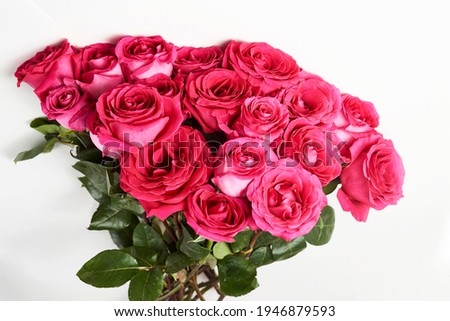 Bouquet of pink roses on white background with copy space. Beautiful red rose bouquet flower. Valentines day flowers