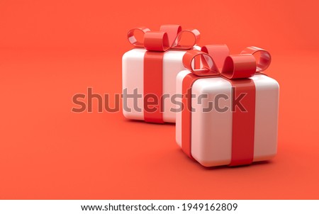 Gift box, cute rounded decorative festive gift boxes with white and red colors on the bright red background. Celebration royal premium realistic concept. 3d rendering