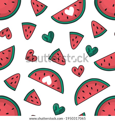 Seamless vector pattern with hand drawn watermelon with seeds isolated on white background. Cute summer texture with fruit slices and hearts. For wrapping paper, textile, card, gift, fabric, wallpaper