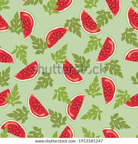 Watermelons with green leaf vector seamless pattern with light green background. Great as a textile print, fabric, wallpaper, packaging or giftwrap. Surface pattern design.