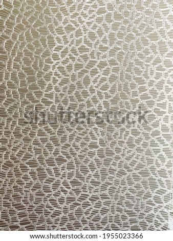 White fine embroidered curtain, white thin fabric, lace veil with beige, white background. 