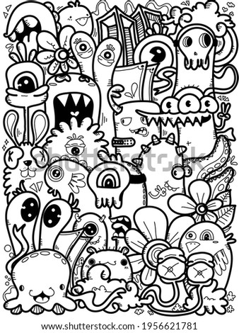 Hand-drawn illustrations, monsters doodle, Hand drawn cartoon monster illustration, Cartoon crowd doodle hand-drawn pattern, Doodle style.