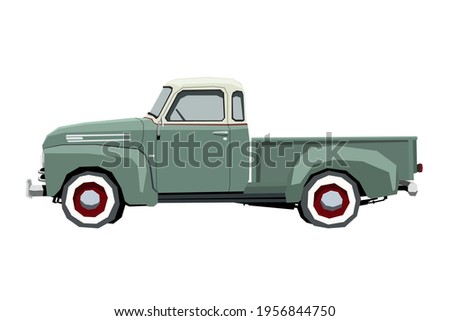Farm retro pickup drawing. Off-road car in cartoon style. Isolated vintage vehicle art for kids bedroom decor. Side view. Truck for nursery decor. Vector illustration