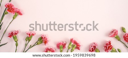 Design concept of Mother's day holiday greeting design with carnation bouquet on pastel pink table background