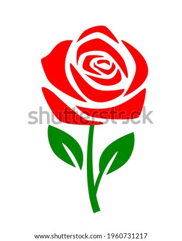 Rose red icon vector. Flower symbol flower with leafs. 