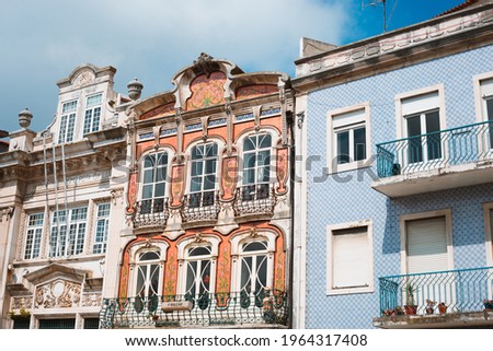 View on the beautiful old facades buildings in Art Nouveau architectural style in Aveiro city in Portugal
