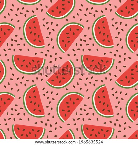 Summer vector pattern with watermelon slices of different sizes on a pink background. Stylized seamless illustration with berries for printing prints, on fabric, gift packaging, etc.