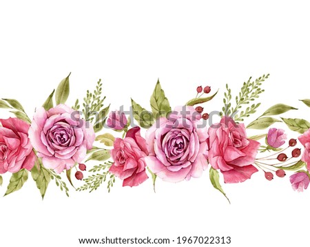 seamless border with watercolor pink rose flowers. isolated on white background hand painted, for weddings and invitations	
