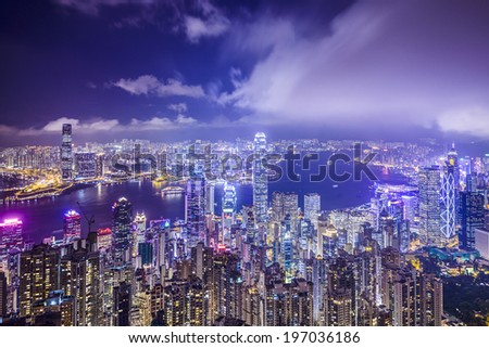Hong Kong, China city skyline from Victoria Peak.