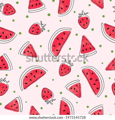 Seamless watercolor watermelon and strawberry pattern. Summer red berry print